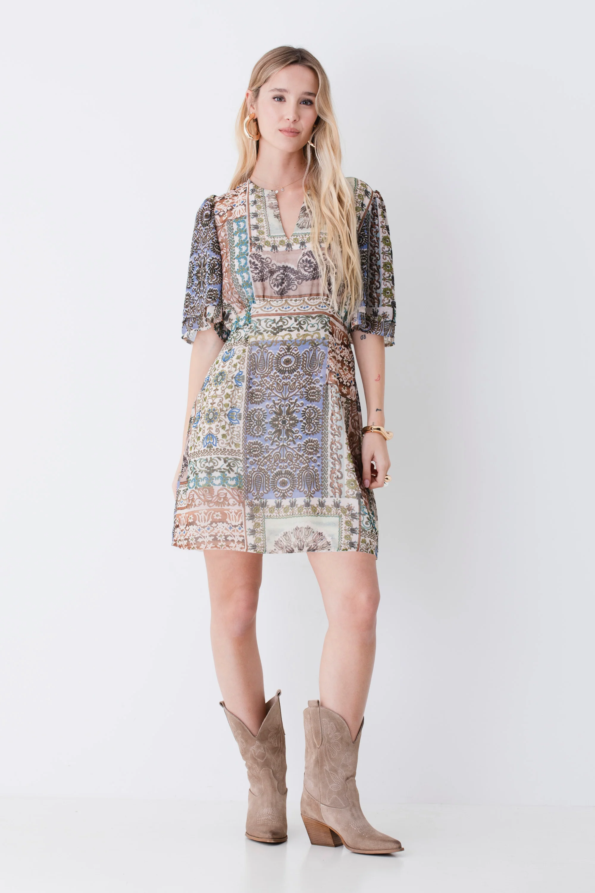 Abito corto in georgette fantasia patchwork - PE26
