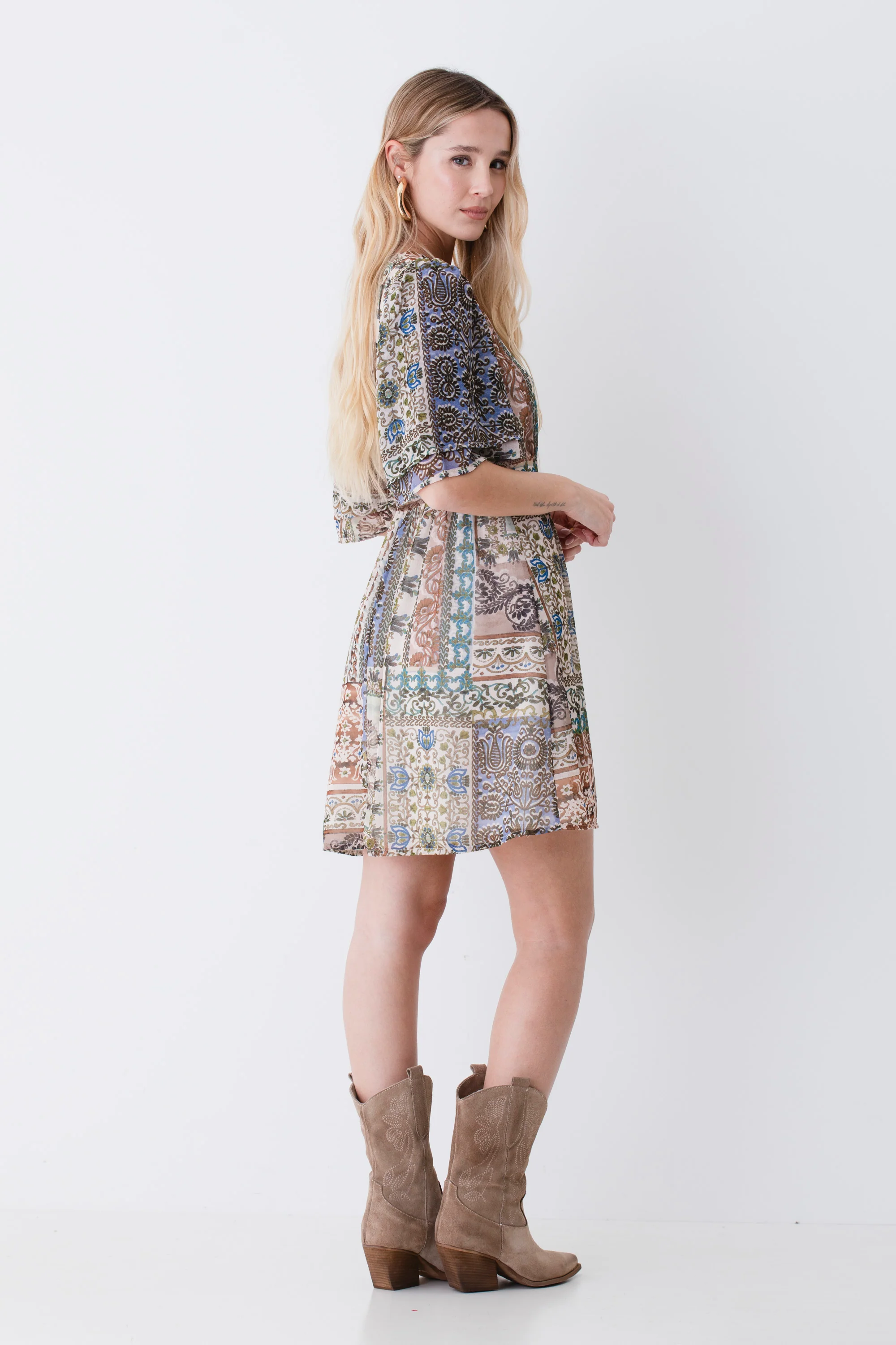 Abito corto in georgette fantasia patchwork - PE26 - Image 5