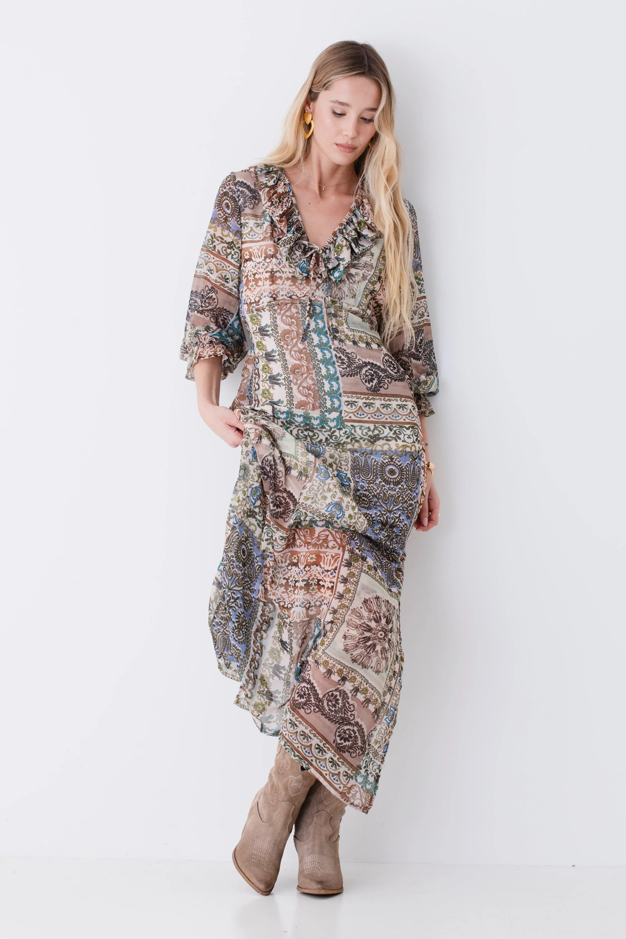 Abito lungo con rouches in georgette fantasia patchwork - PE26 - Image 4