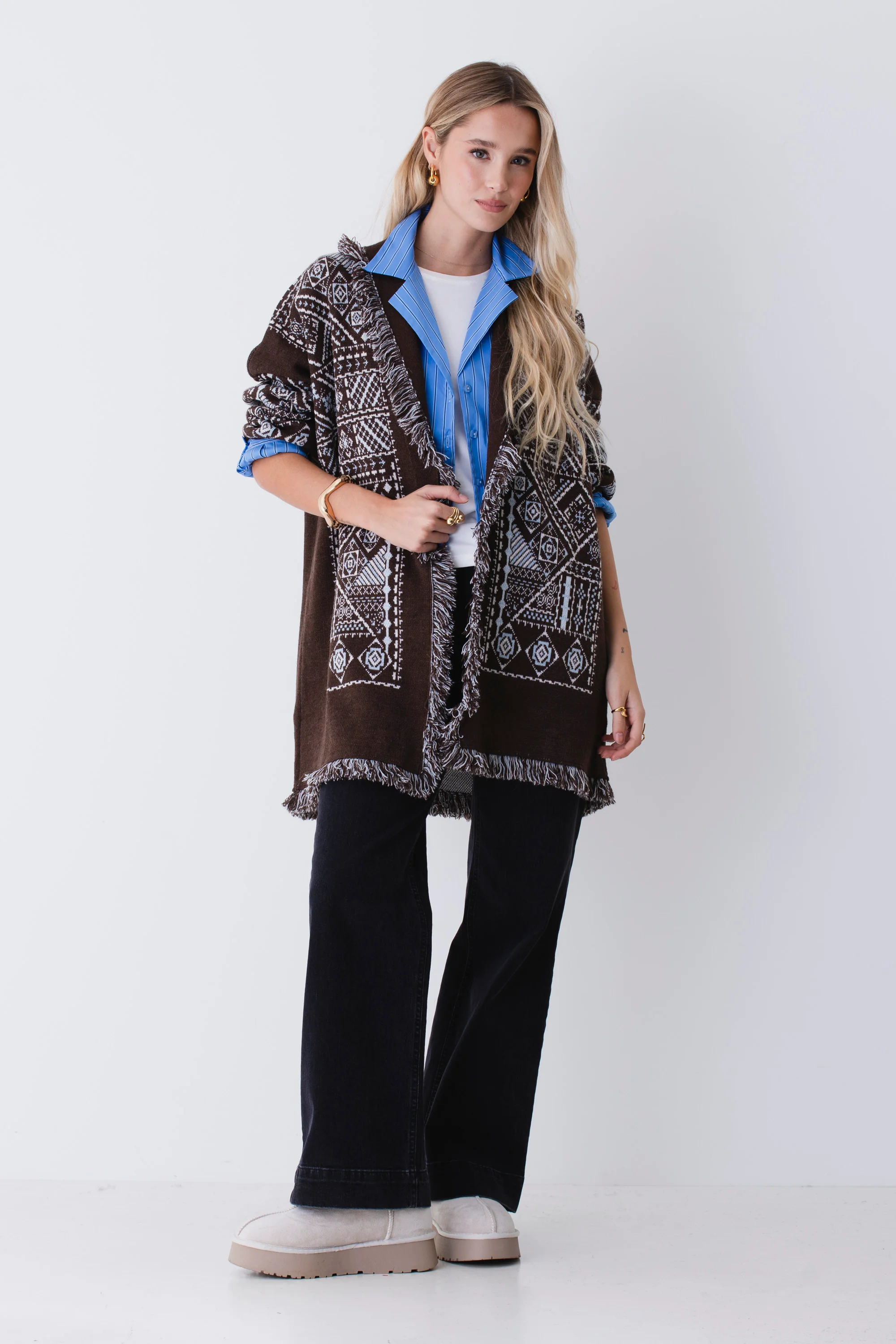 Cardigan lungo in misto lana fantasia etnica - FW26