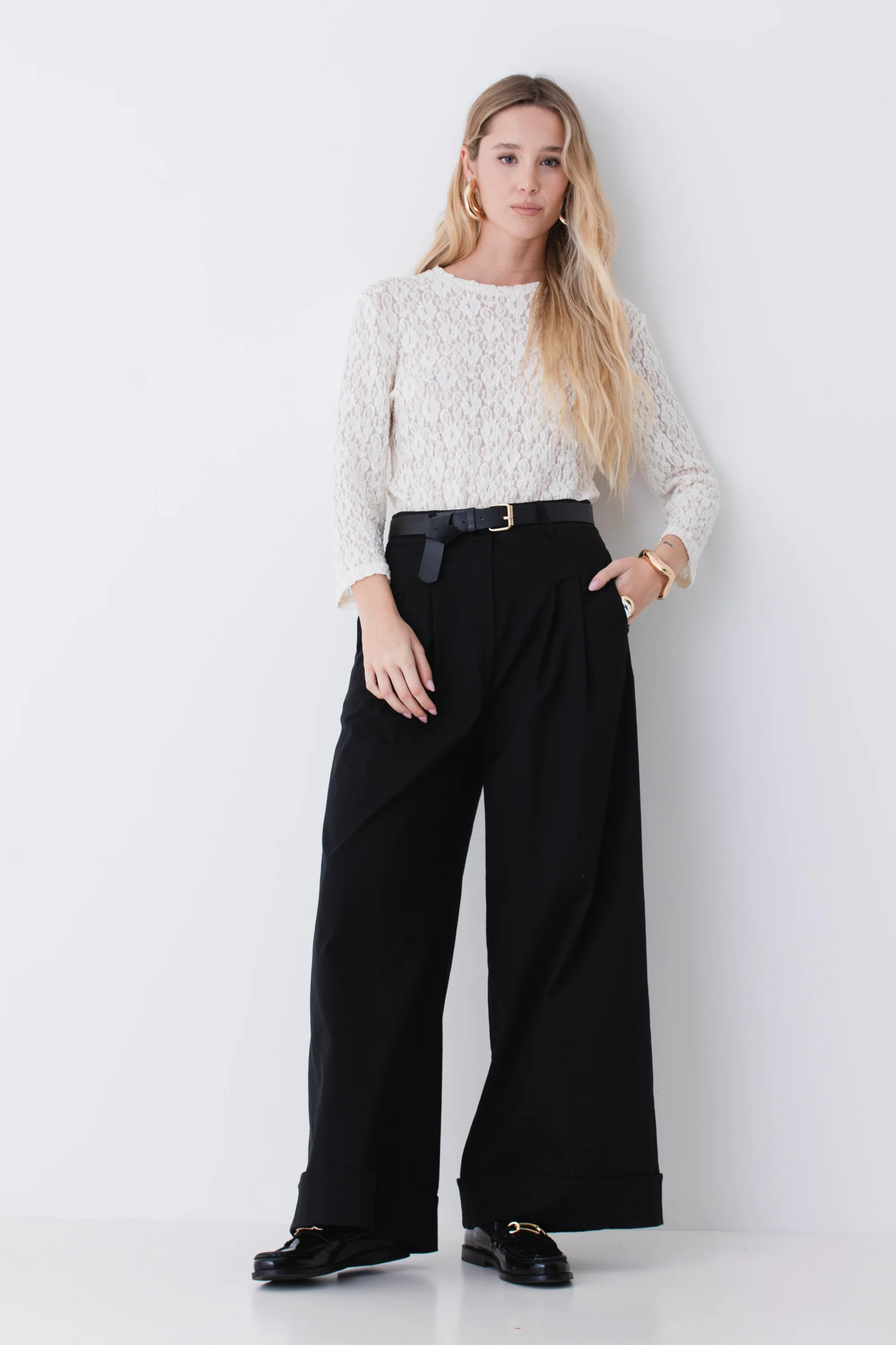Pantalone palazzo con pinces e risvolto in cotone elasticizzato - PE26 - Image 3