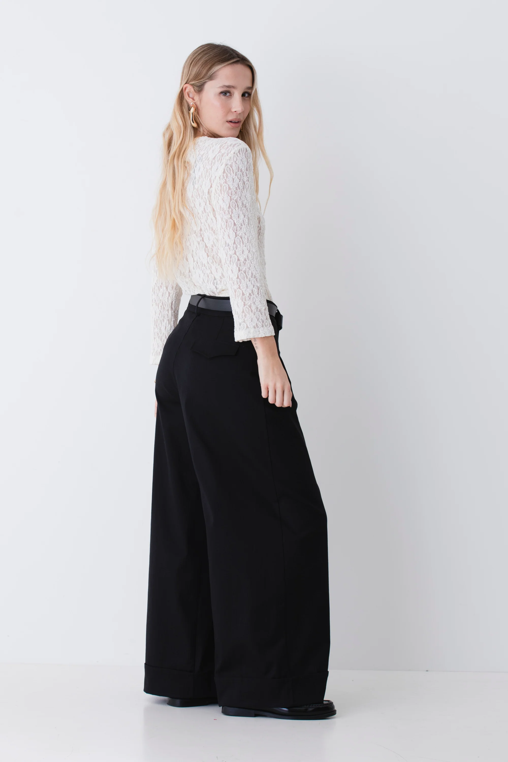 Pantalone palazzo con pinces e risvolto in cotone elasticizzato - PE26 - Image 4