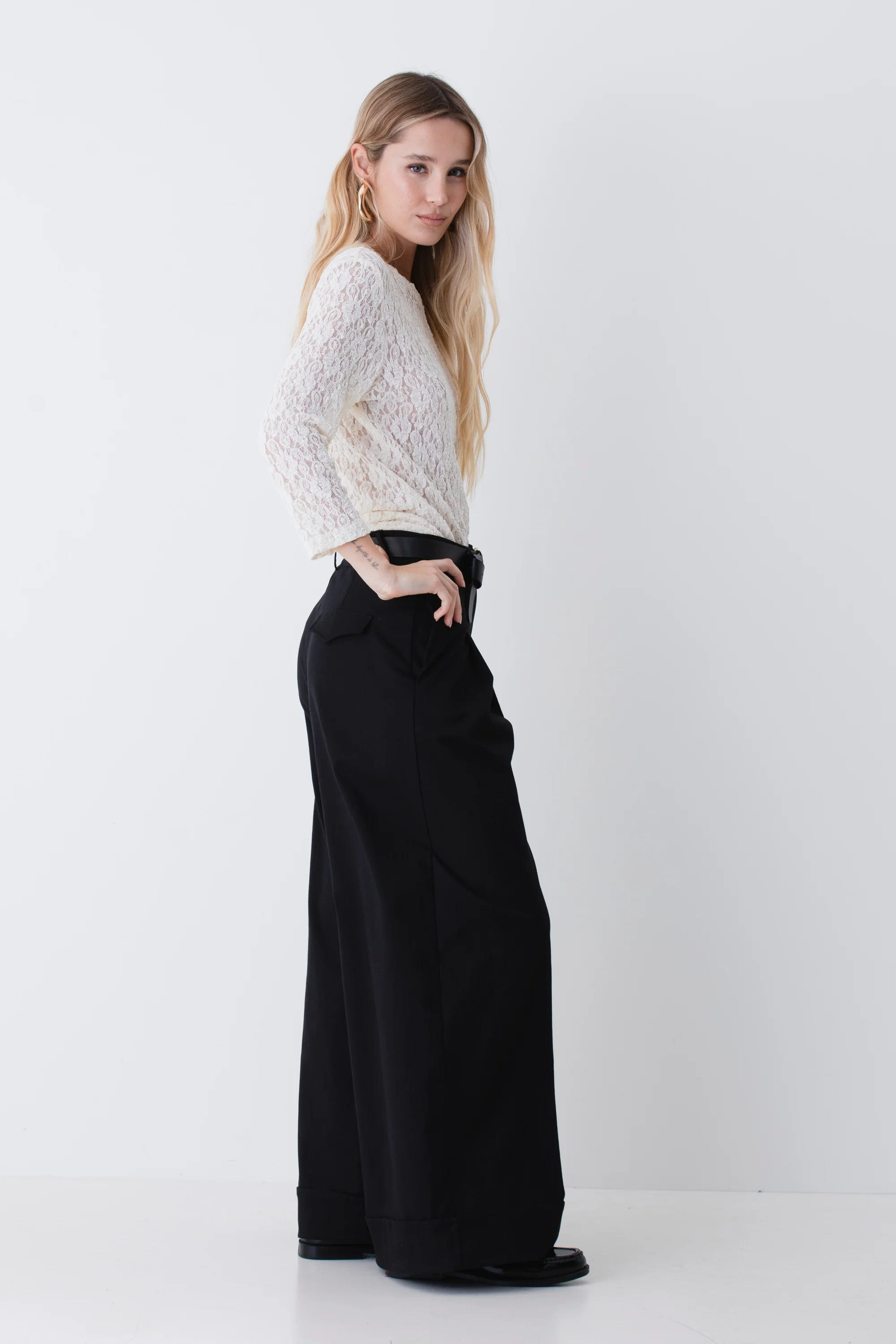 Pantalone palazzo con pinces e risvolto in cotone elasticizzato - PE26 - Image 5