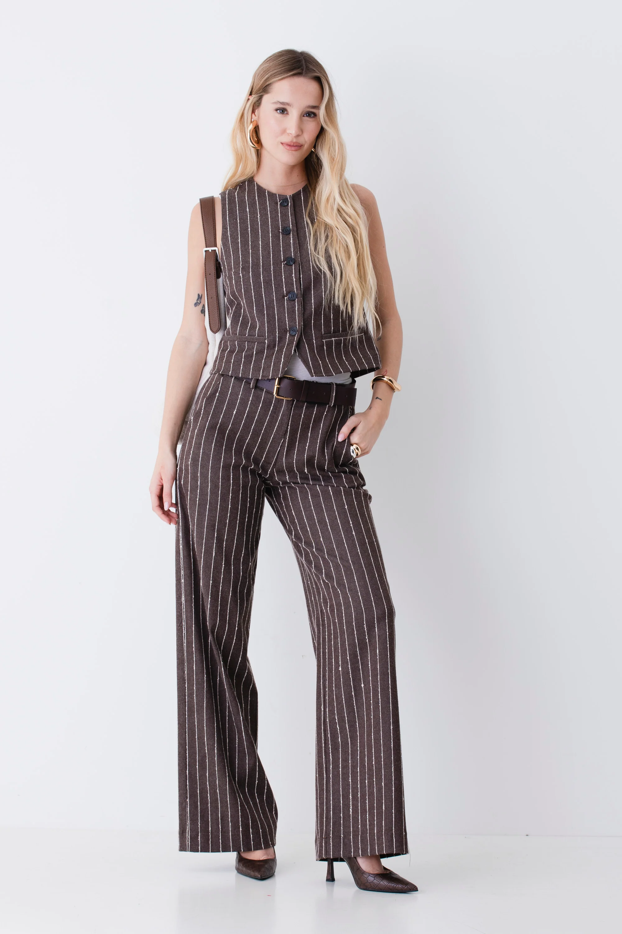 Pantalone palazzo in tessuto gessato di cotone con cintura - PE26 - Image 3