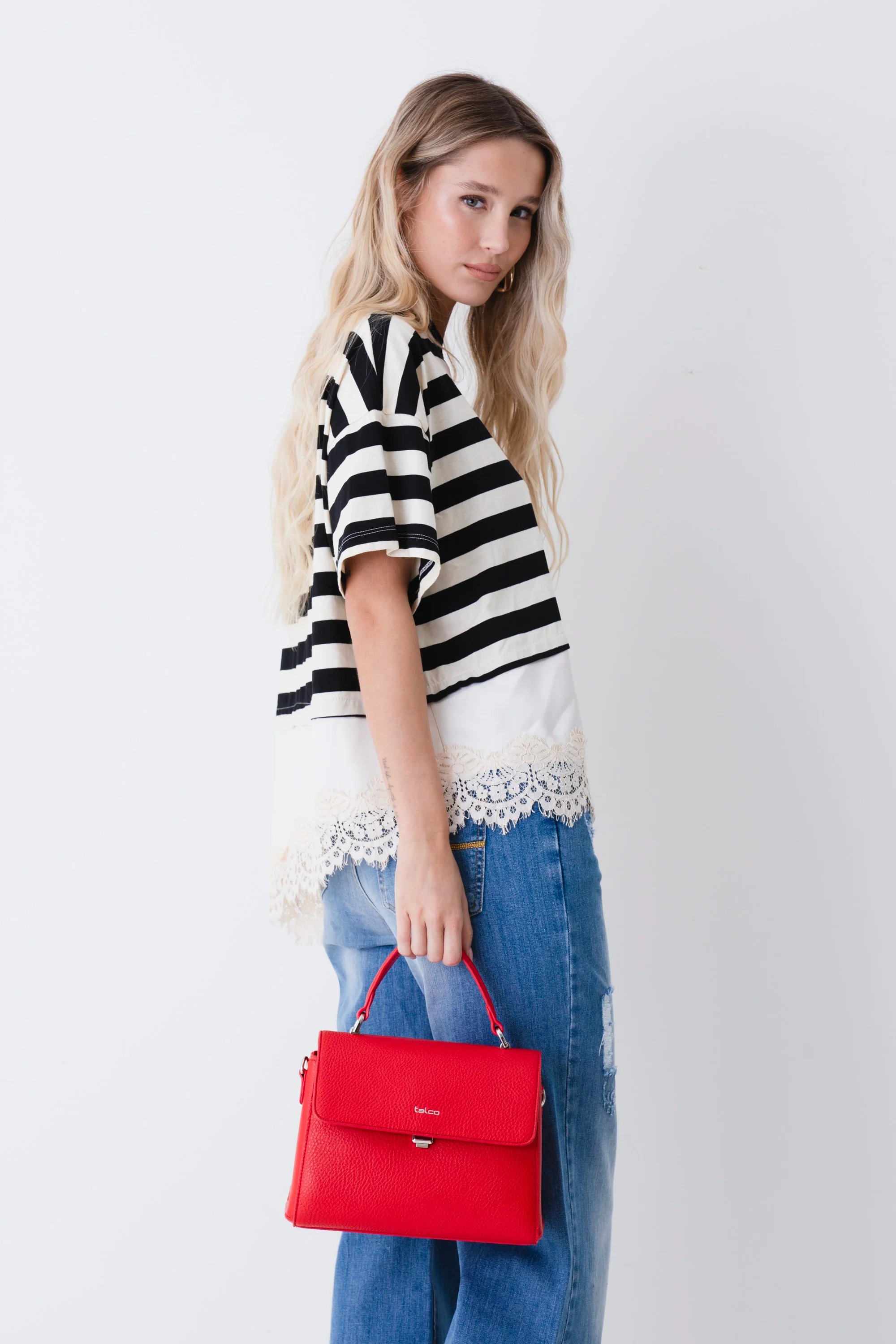 T-shirt a righe con inserto in raso e pizzo - PE26 - Image 3